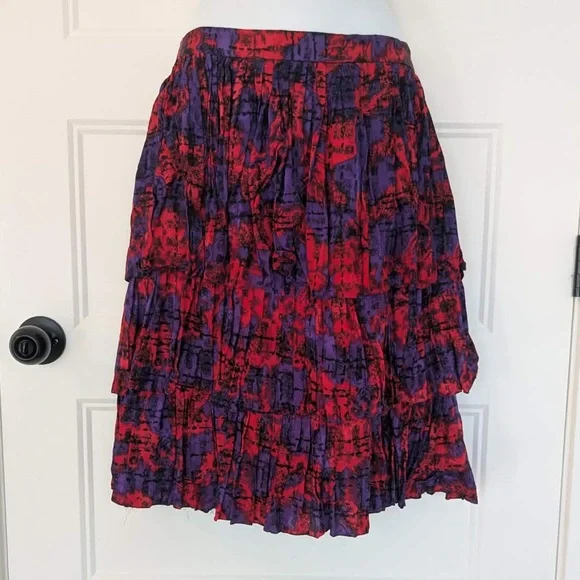Vintage Raul Blanco 100% Silk Ruffle Skirt Red Purple Tiered Mini S - Picture 4 of 10